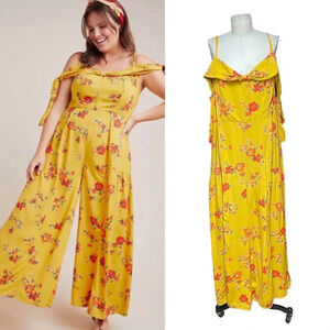 Anthropologie Londonderry‎ Jumpsuit Wide Leg Floral Print Yellow Plus Size 16W